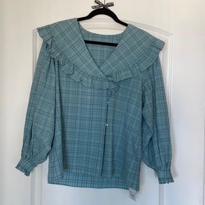 Beams Boy O.Big ruffled collar blouse, one size, blue check
